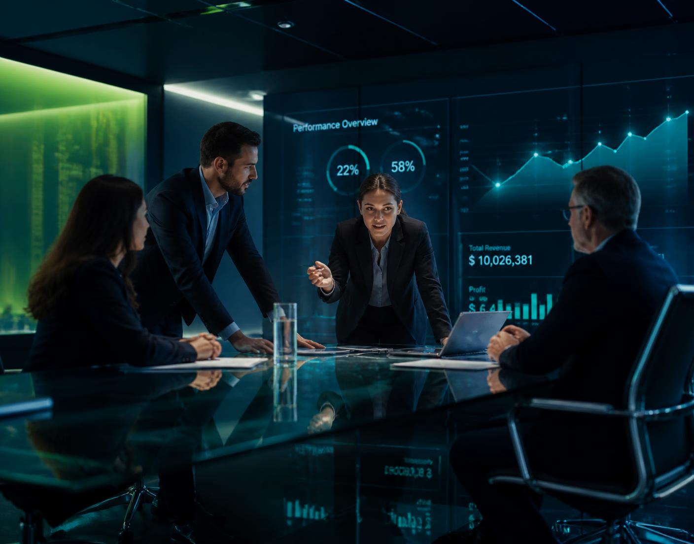 Leadership team reviewing AI-enabled performance dashboards