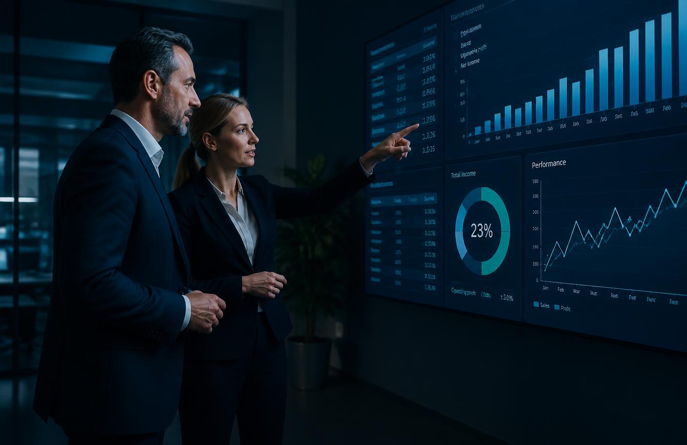 Executives reviewing EBITDA performance charts